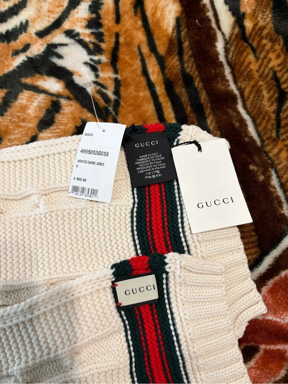 Gucci Cream Knit Scarf with Red & Green Web Stripe